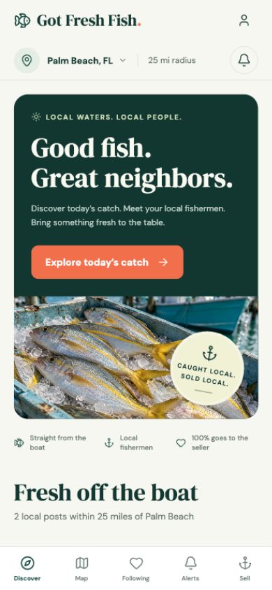 Got Fresh Fish discovery screen with sample Palm Beach location